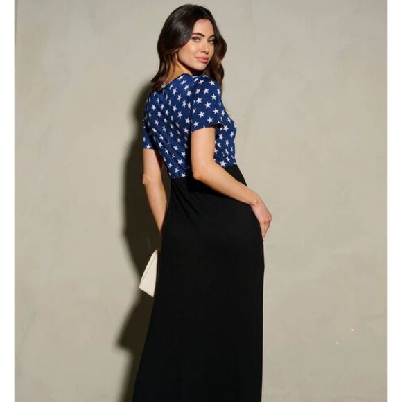 Heimish USA WOMEN'S SHORT SLEEVE FRONT POCKETS STARS PRINT MAXI DRESS S/M - Picture 2 of 3